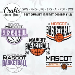 Può includere: File di design digitale a tema basket. L'immagine presenta diversi design con le parole "Mascot Basketball" e illustrazioni di pallacanestro. I design sono in vari colori, tra cui nero, arancione e viola. La parte superiore dell'immagine include il testo "Crafts Quick Store" e informazioni sul tipo di file.