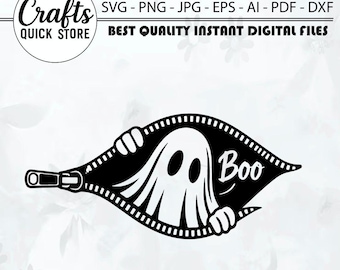 Fantasma de Halloween PNG, Fantasma Boo PNG, Temporada Espeluznante PNG, Diseño de Fantasma con Cremallera, Imágenes prediseñadas de Halloween, Fantasma Lindo PNG, SVG, Archivo Cricut