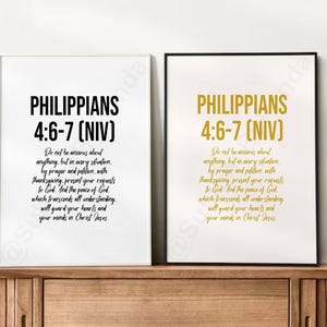 Philippiens 4: 6-7 art mural imprimable, décoration de verset de la Bible chrétienne, impression minimaliste des écritures, versions noir et or, téléchargement numérique