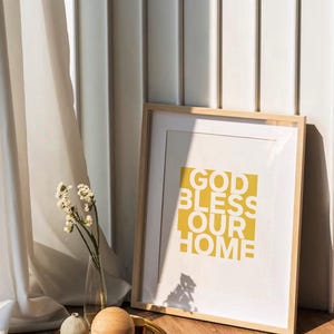 Que Dieu nous bénisse, art mural imprimable or sur blanc, bénédiction de la maison chrétienne, écriture moderne en téléchargement numérique pour la décoration intérieure