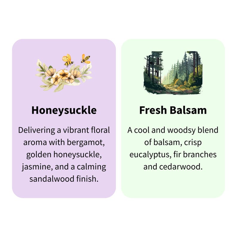 Puede incluir: Dos tarjetas con descripciones de fragancias. La primera, lavanda, presenta una ilustraci&oacute;n floral y la palabra "Honeysuckle". La segunda, verde claro, tiene una ilustraci&oacute;n de bosque y las palabras "Fresh Balsam".