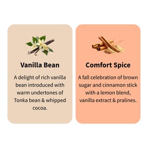 Puede incluir: Dos tarjetas rectangulares con texto e im&aacute;genes. Una presenta una vaina de vainilla con flores y el texto "Vanilla Bean". La otra muestra palitos de canela y el texto "Comfort Spice".