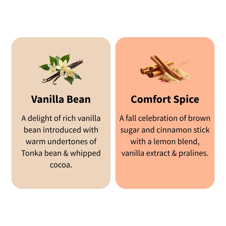 Puede incluir: Dos tarjetas rectangulares con texto e im&aacute;genes. Una presenta una vaina de vainilla con flores y el texto "Vanilla Bean". La otra muestra palitos de canela y el texto "Comfort Spice".