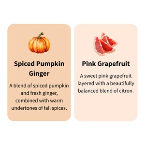 Puede incluir: Dos tarjetas de producto sobre un fondo melocot&oacute;n claro. La tarjeta izquierda presenta una calabaza y el texto: "Spiced Pumpkin Ginger". La tarjeta derecha muestra rodajas de pomelo rosa con el texto: "Pink Grapefruit."
