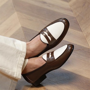 Handmade Two-Tone Leather T-Strap Shoes for Men, Brown White Mary Jane Dress Shoes