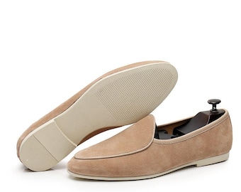 Handmade Camel Suede Loafers for Men, Minimalist Leather Slip-On Shoes
