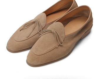Handmade Suede Belgian Loafers for Men, Camel Bow Slip-On Shoes