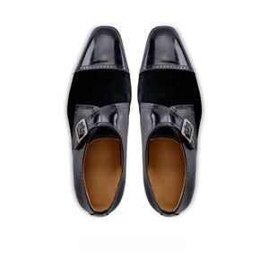 Handmade black leather double monk strap shoes pair top view
