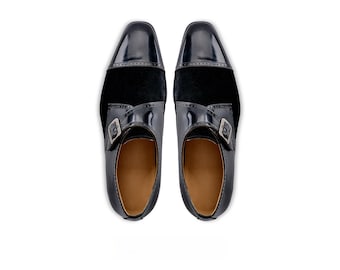 Handmade Black Leather Double Monk Strap Shoes