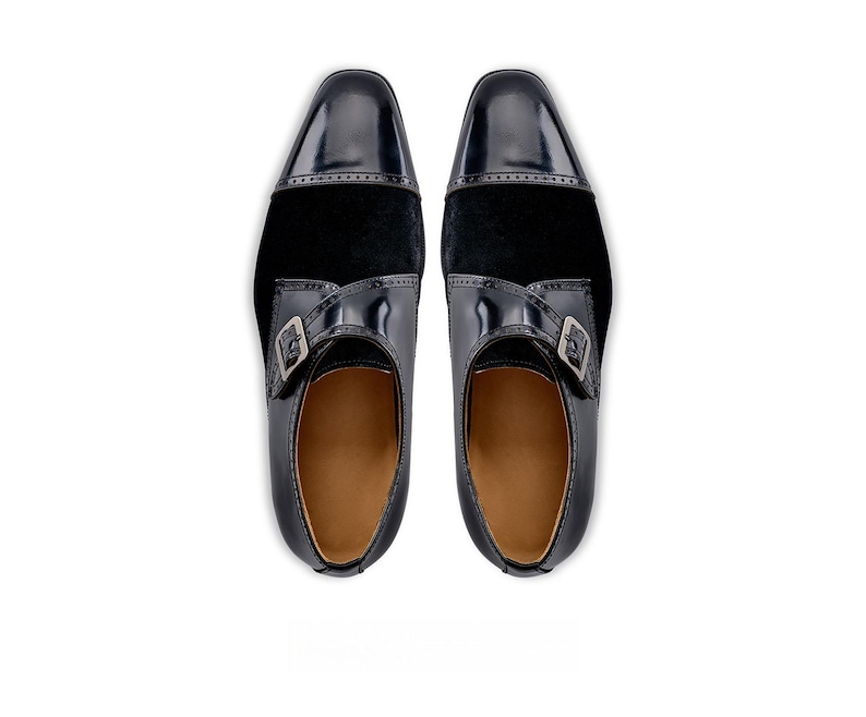 Handmade black leather double monk strap shoes pair top view