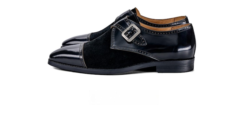 Black leather dress shoe back heel view monk strap
