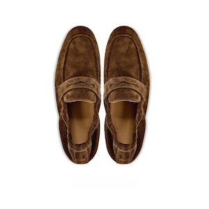 Handmade Brown Suede Penny Loafers for Men, Slip-On Dress Shoes image 2