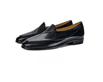 Handmade Black Leather Belgian Loafers for Men, Slip-On Dress Shoes