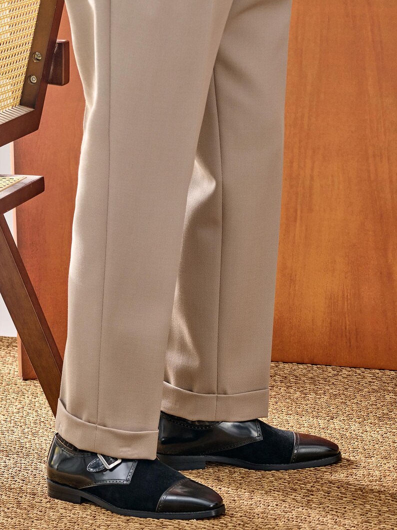 Men's handmade buckle dress shoe side angle polished leather