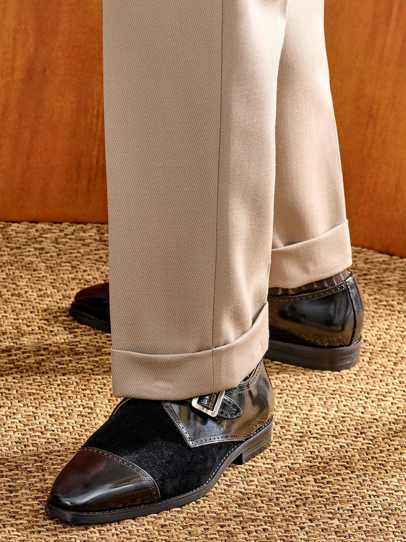 Double monk strap on foot with khaki trousers smart casual