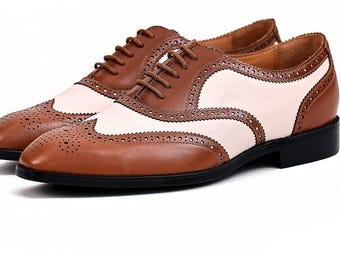 Handmade Two-Tone Wingtip Brogue Shoes for Men, Spectator Oxford Dress Shoes