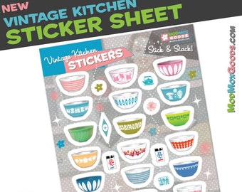 Sticker Sheet Vintage Kitchen 5"x7 "Sticker Sheet 30 mini stickers Pyrex bowls, Hazel Atlas, Jadeite, CathrineHolm