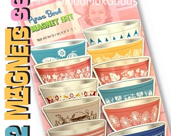 Pyrex Bowl Magnet Set: Vintage Mixing Bowl Designs (12pc) stacking fridge magnets