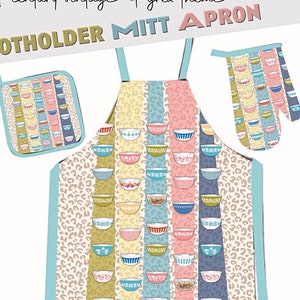 May include: A set of three kitchen accessories featuring a vintage Pyrex theme. The set includes an apron, a potholder, and an oven mitt. All three items feature a colorful pattern of vintage Pyrex bowls on a beige background with leopard print accents.