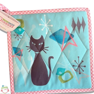 POTHOLDER Black CAT mid-century MCM 1950s theme  with diamond shape quilting