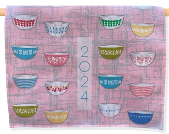 TEA TOWEL Pyrex 2024 Bowls Collection theme 15x25 in sq Linen