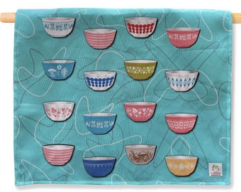 Tea Towel Pyrex Bowls and Boomerangs theme 16x27" Linen Cotton