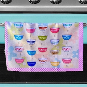 TEA TOWEL Pyrex Vintage Bowls Collection Kitchen theme Waffle Weave absorbent bespoke design by ModMoxGoods
