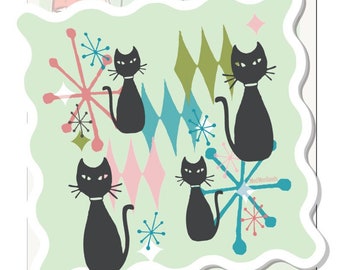 Sticker- retro black cats mid mod mid century vibes sticker waterproof vinyl