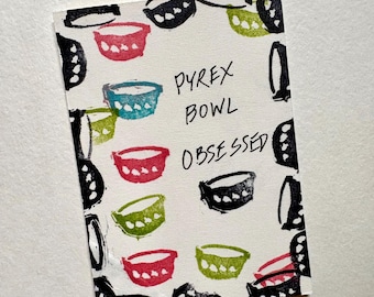 Original Linocut Print: Vintage Pyrex Bowls theme - Retro Mid Century Kitchen Art
