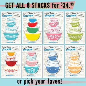 May include: Eight sets of colorful Pyrex mixing bowls, each set stacked in three sizes, with a sticker on each set that says "Pyrex Theme Sticker" and "Made with love by a very obsessed Pyrex fan".