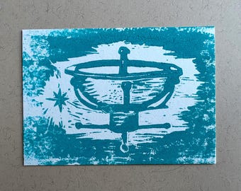 ACEO Original Linocut Print  vintage Pyrex UFO theme retro mid century turquoise