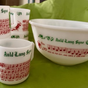 Vintage hazel atlas auld long syne milk glass bowl and 5 cups
