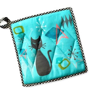 POTHOLDER Black CAT mid-century MCM 1950s theme  with diamond shape quilting