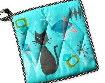 Grytlapp Svart katt mitten av århundradet MCM 1950-tals tema med diamantformad quiltning