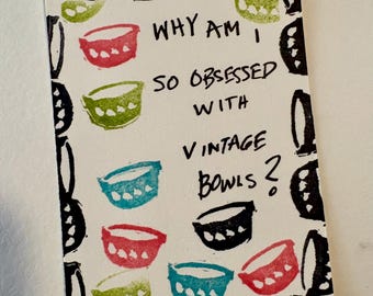 ACEO Original Linocut Print  vintage Pyrex bowls theme retro mid century turquoise pink green