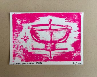 ACEO Original Linocut Print  vintage Pyrex UFO theme retro mid century pink fan fiction