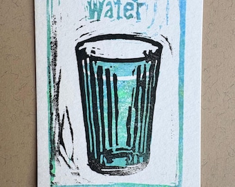ACEO Original Linocut Print  Water vintage kitchen retro mid century turquoise