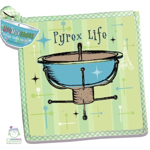 May include: A green and white checkered kitchen pot holder with a retro illustration of a blue Pyrex bowl with the text "Pyrex Life".