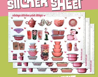 Sticker Sheet pink vintage kitchen thing 6” x 4” 20 mini stickers