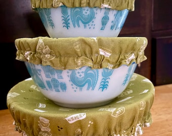 Bowl Covers Set of 3 reusable Vintage PyrexTheme, Waterproof Lining, Washable Cotton – Bespoke Print