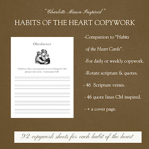 Pu&ograve; includere: Un foglio di copywork intitolato "Habits of the Heart Copywork" con la parola "Obbedienza" e una citazione biblica. Include spazi con linee per la scrittura ed &egrave; progettato per l'uso quotidiano o settimanale. Il set contiene 92 fogli di copywork.