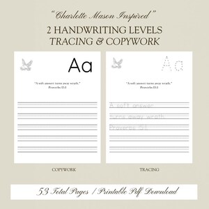 May include: Two handwriting practice pages with the text "Charlotte Mason Inspired." One page features the letter "Aa" for copywork, and the other for tracing. Both pages include the quote "A soft answer turns away wrath." Proverbs 15:1. The product includes 53 total pages.