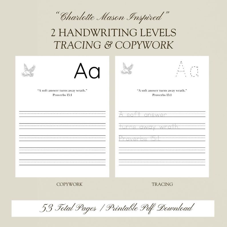 May include: Two handwriting practice pages with the text "Charlotte Mason Inspired." One page features the letter "Aa" for copywork, and the other for tracing. Both pages include the quote "A soft answer turns away wrath." Proverbs 15:1. The product includes 53 total pages.
