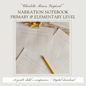 Puede incluir: Un cuaderno de narración inspirado en Charlotte Mason para niveles primarios y elementales. El conjunto incluye hojas de papel color crema con líneas para el tema y la fecha, un recuadro grande para dibujar y páginas rayadas. Un lápiz amarillo descansa sobre el papel.