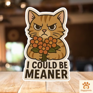 May include: A sticker depicting a grumpy cartoon cat with a bouquet of orange flowers. The text "I COULD BE MEANER" is below the cat. The cat is brown and tan with stripes, set against a white background.