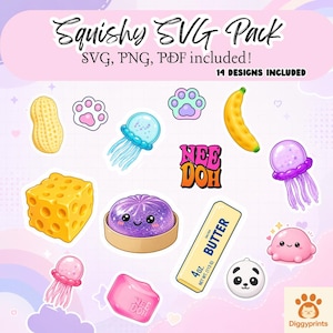 May include: A digital collection titled Squishy SVG Pack featuring 14 graphic designs including a peanut, paw prints, jellyfish, a banana, a block of cheese, a purple glittery dome, a stick of butter labeled 4oz 113g, a panda face, and a pink blob.