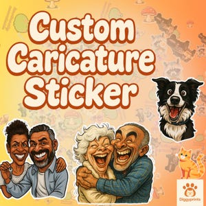 以下が含まれることがあります： オレンジ色の「Custom Caricature Sticker」という文字が入ったステッカーデザイン。笑顔のカップル、幸せな犬、猫の漫画イラストが含まれています。背景は黄色とオレンジのグラデーションです。