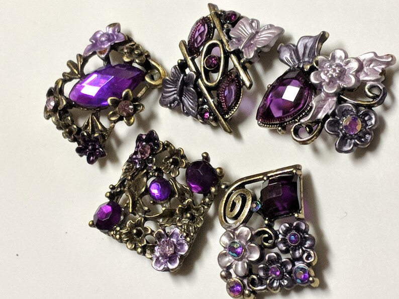 Buckles Connectors. Assorted 5 Pieces Jewelry Supply Purple Rhinestone Metal Beads with Antique Brass Flower and Butterfly Motif Base