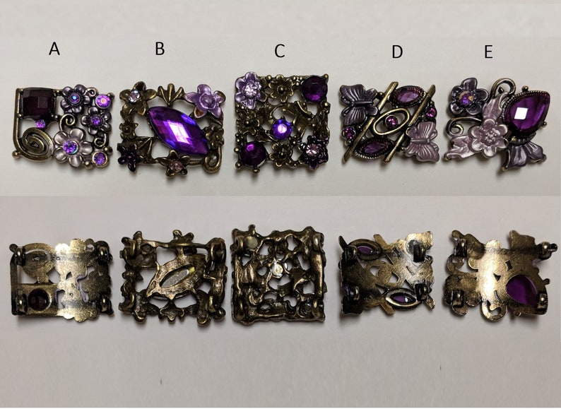 Buckles Connectors. Assorted 5 Pieces Jewelry Supply Purple Rhinestone Metal Beads with Antique Brass Flower and Butterfly Motif Base