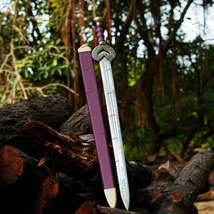 May include: A decorative sword with a silver blade and ornate hilt, resting on a pile of logs. The sword has a purple handle and a matching sheath. The background features lush greenery.